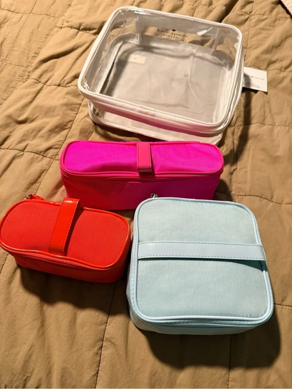 Kate Spade Cosmetic Bag Collection Set of 3, Light Blue, Hot Pink & Red-Orang